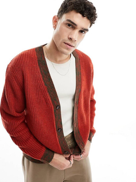 ASOS DESIGN relaxed knitted cardigan with contrast detailing in red