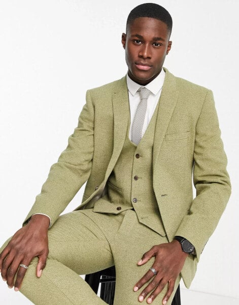 ASOS DESIGN wedding skinny wool mix suit jacket in sage basketweave texture