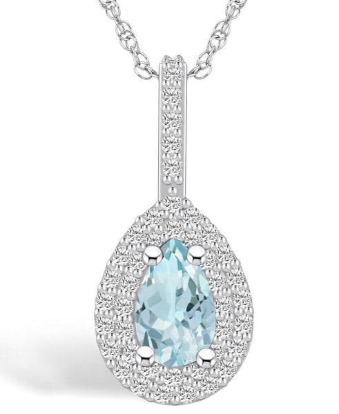 Aquamarine (3/4 Ct. T.W.) and Diamond (3/8 Ct. T.W.) Halo Pendant Necklace in 14K White Gold