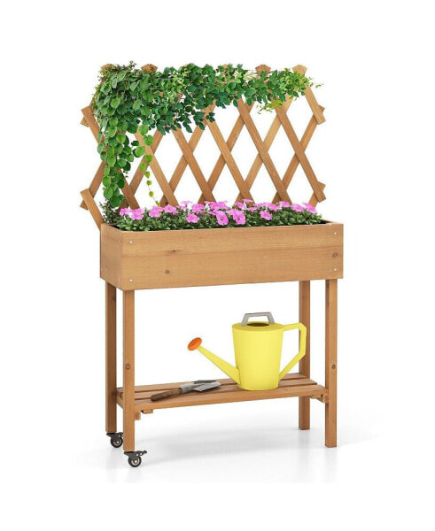 Wooden Raised Garden Bed Mobile Elevated Planter Box with Trellis