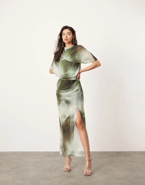 ASOS EDITION drape neck midi dress in green shadow print