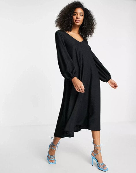 ASOS DESIGN textured smock midi dress with v neck in black