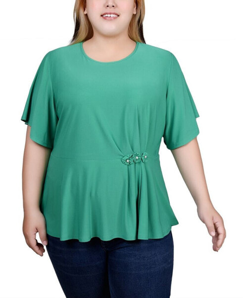 Plus Size Flutter Sleeve Flower-Detail Top