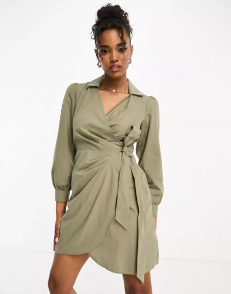 Miss Selfridge poplin wrap shirt dress in khaki