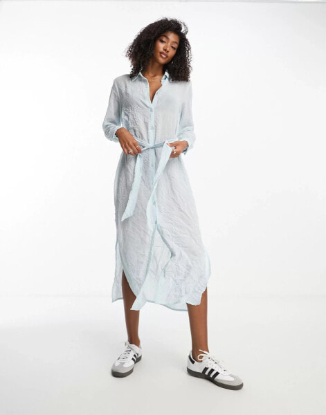 Monki long sleeve crinkle midi shirt dress in blue