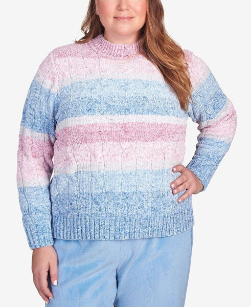 Plus Size Swiss Chalet Space Dye Chenille Stripe Mock Neck Sweater