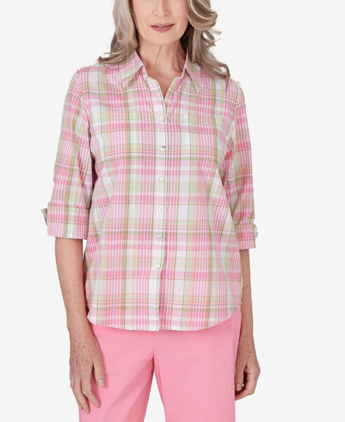 Women's Miami Beach Button Down Plaid Blouse Top