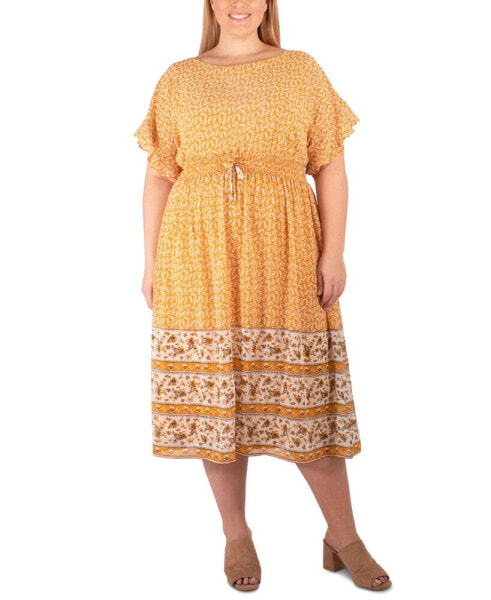 Plus Size Flutter Sleeve Border Print Dress