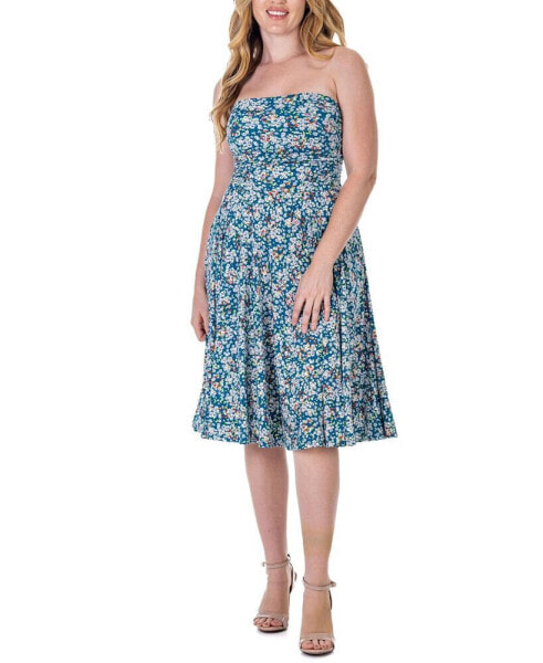 Teal Floral Strapless Tube Top Flowy Knee Length Dress