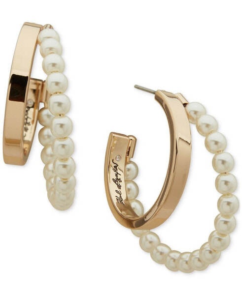Gold-Tone Imitation Pearl Geometric Medium Hoop Earrings, 1.3"