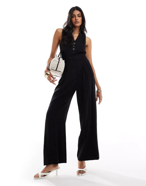 & Other Stories tailored wide leg jumpsuit with belt in black