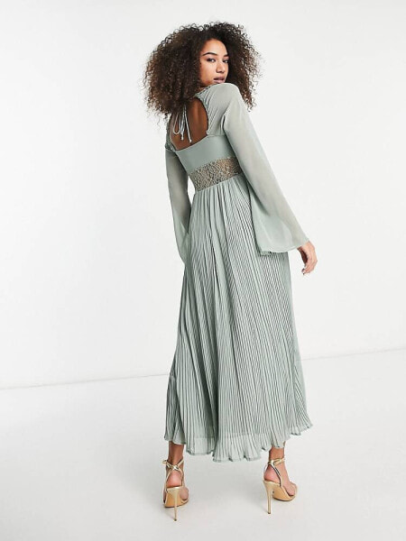 ASOS DESIGN pleated maxi dress with lace insert waist and fluted sleeves in sage 