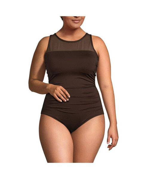 Plus Size Chlorine Resistant Smoothing Control Mesh High Neck One Piece Swimsuit