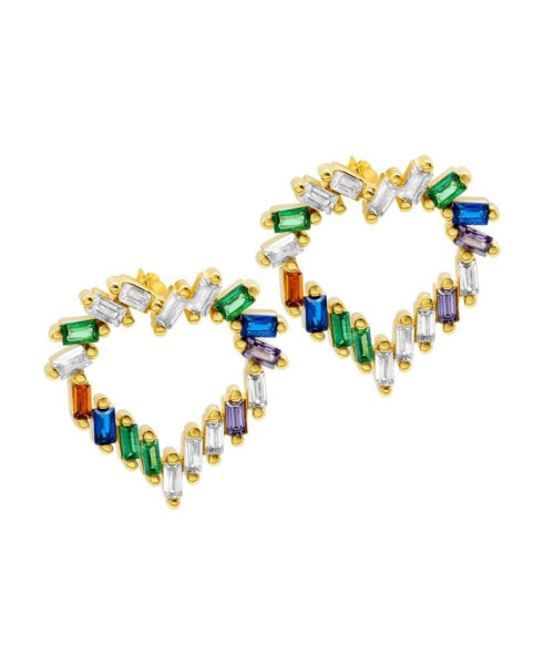 14K Gold-Plated Rainbow Baguette Open Heart Studs Earrings