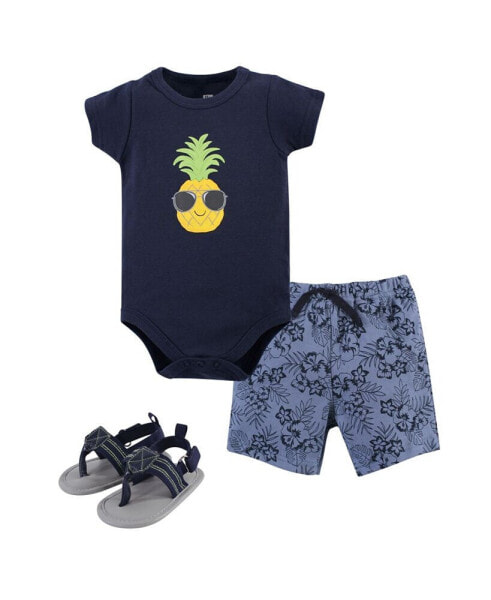 Baby Boys Cotton Bodysuit, Shorts and Shoe 3pc Set, Blue Shark