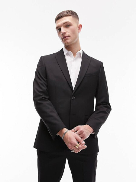 Topman wool mix slim suit jacket in black 