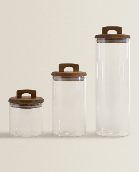 Borosilicate glass and wood storage jar