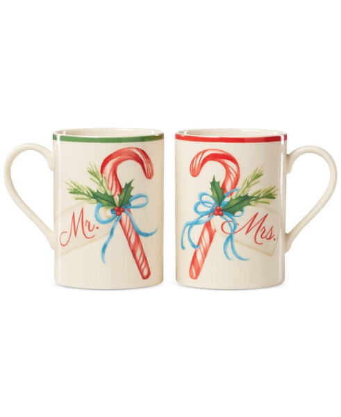 Mr & Mrs 2-Piece Porcelain Candy Cane Mug Set
