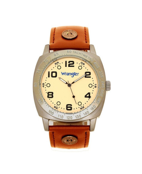 Men's Watch, 44MM IP Grey Cushion Shaped Case, Beige Dial with Black Arabic Numerals, Brown Strap Rivets, Second Hand