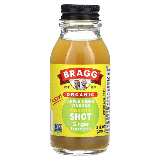 Bragg, Органический яблочный уксус, пребиотик, шот, имбирь и куркума, 59 мл (2 жидк. Унции)