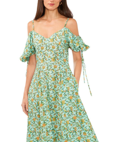 Women's Floral Print Cold-Shoulder Puff Sleeve Midi Dress