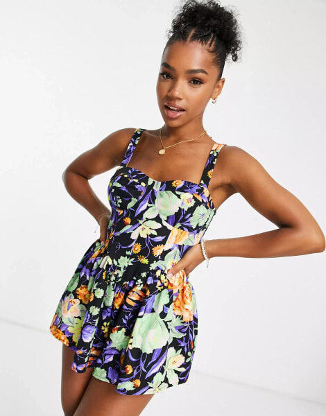 ASOS DESIGN twill corset flippy playsuit in floral print