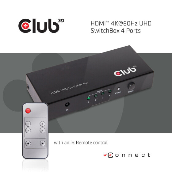 Разветвитель HDMI™ 2.0 UHD 4K60Hz SwitchBox 4 порта с пультом ДУ Club 3D - HDMI - 2.0a - 4096 x 2160 пикселей - черный - металл - 4K Ultra HD