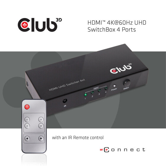 Club 3D HDMI™ 2.0 UHD 4K60Hz SwitchBox 4 ports and included IR Remote control - HDMI - 2.0a - 4096 x 2160 pixels - Black - Metal - 4K Ultra HD