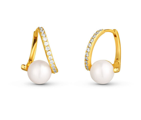 Decent Gold Plated Real Pearl and Cubic Zirconia Earrings JL0850