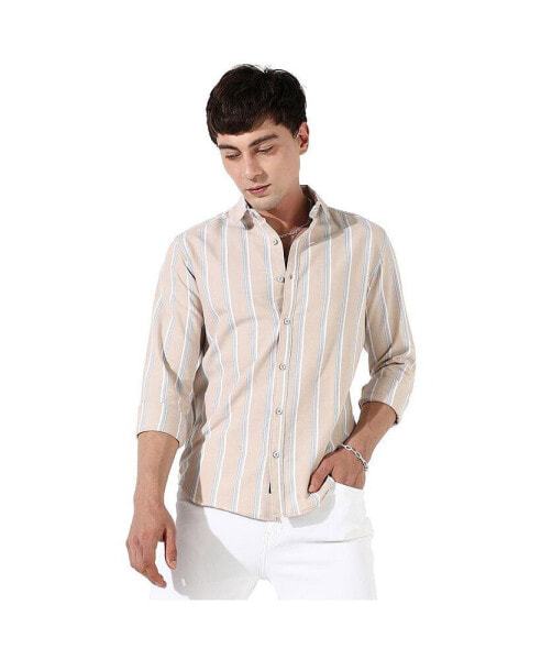 Men's Beige Striped Cotton Shirt