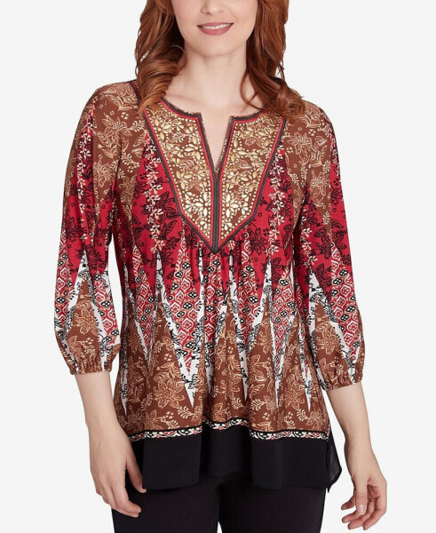 Petite Embellished Placket Decorative Border Print Knit Top with Three Quarter Balloon Sleeves