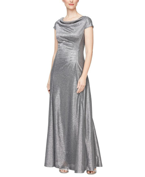 Women's Metallic Ruched Cowl-Back Gown