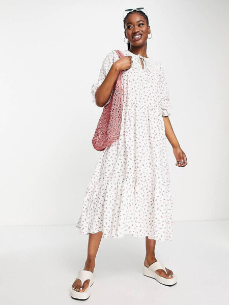 New Look seersucker oversized collar smock midi dress in white