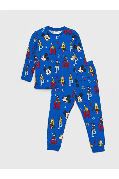 Bisiklet Yaka Uzun Kollu Mickey Mouse Baskılı Erkek Bebek Pijama Takım