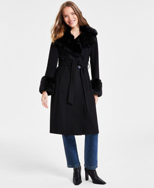 Women's Faux-Fur-Trim Belted Wrap Coat