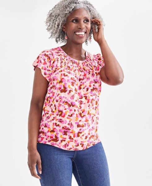 Women's Printed Smocked-Neck Knit Top, Created for Macy's