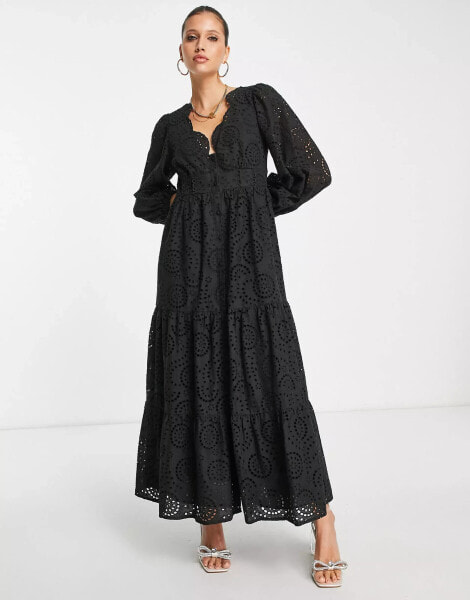 ASOS DESIGN broderie scallop detail button through maxi dress In black