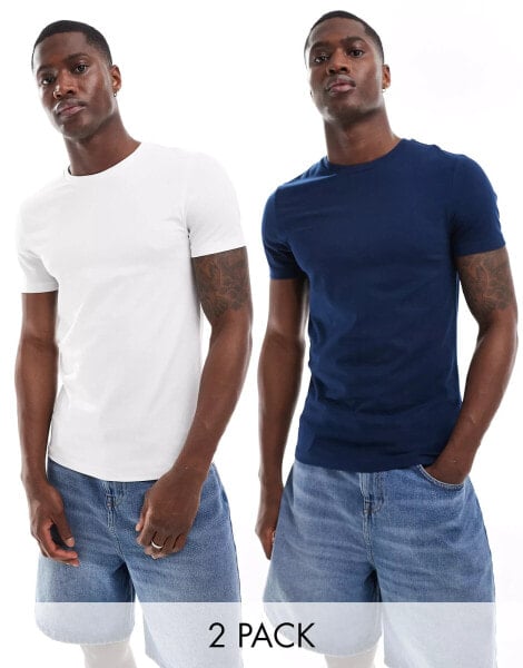 ASOS DESIGN 2 pack muscle fit t-shirts in white and navy