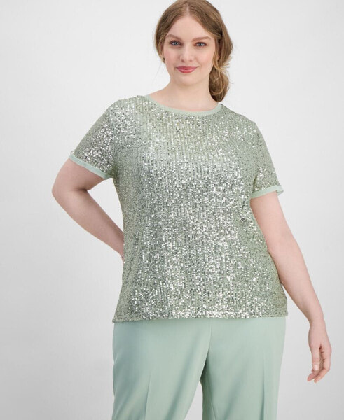 Plus Size Sequin-Embellished Short-Sleeve Top