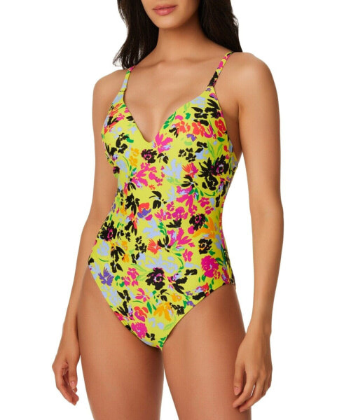 Bar III Women's Floral Chic One-Piece Swimsuit In Citron Size M