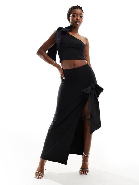 ASOS DESIGN co-ord maxi skirt with extreme split and bow detail in black