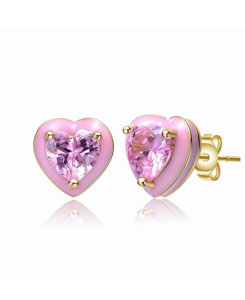 Young Adults/Teens 14k Yellow Gold Plated with Pink Morganite Cubic Zirconia Pink Enamel Halo Heart Stud Earrings