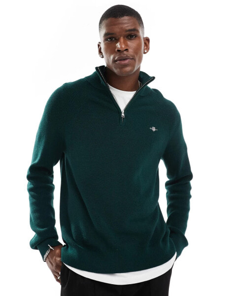 GANT cotton wool mix knit half zip jumper with logo in dark green