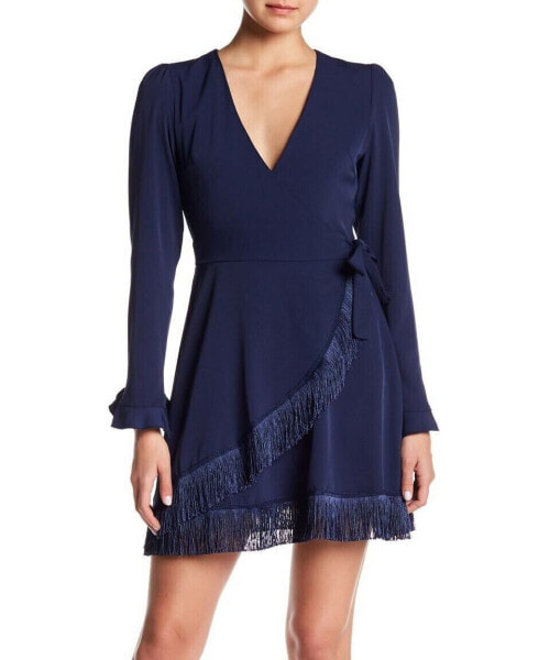 Lea & Viola 153750 Women's Fringed Wrap Dress Long Sleeve Navy Sz. Large