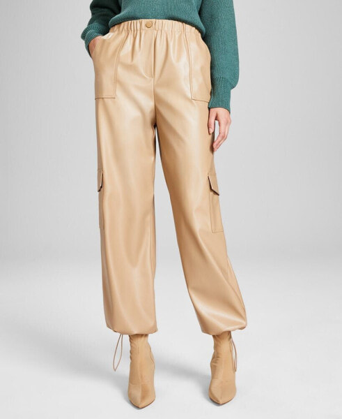 Women's High Rise Faux Leather Cargo Pants, Created for Macy's