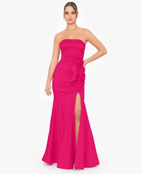 Juniors' Ruched Rosette Strapless Gown