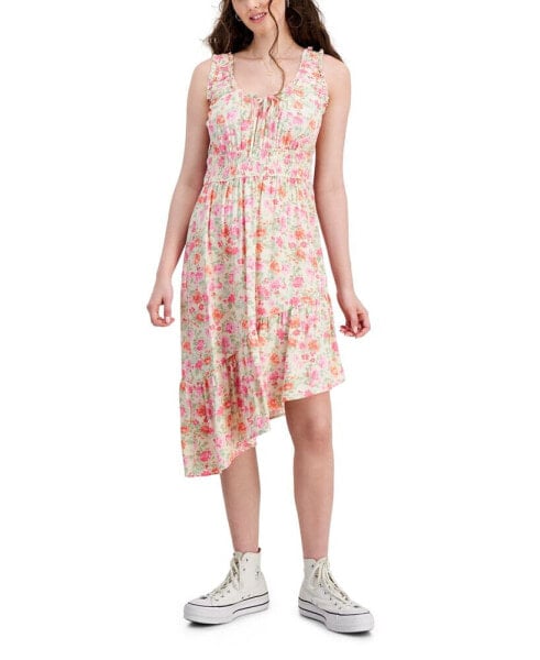 Juniors' Smocked Asymmetrical Hem Midi Dress
