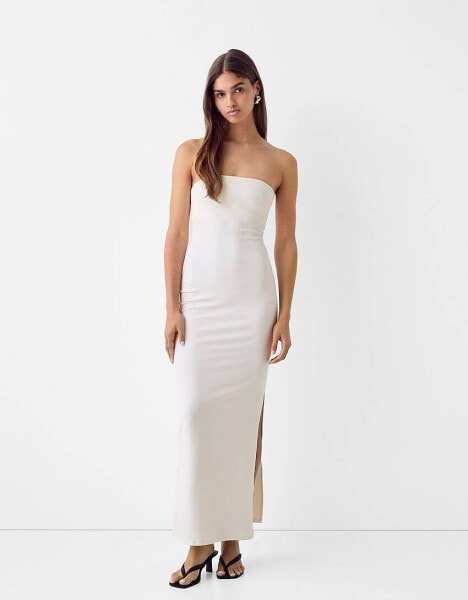 Bershka polyamide bandeau maxi dress in cream