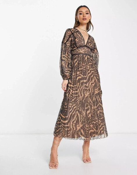 ASOS DESIGN pleated midi dress with trims in animal print