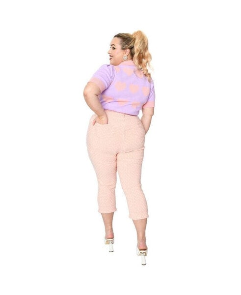 Plus Size Pink & White Pin Dot Heart Pocket Rachelle Capri Pants